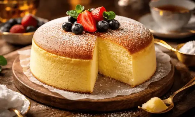 Lätt och fluffig cheesecake, perfekt för ett somrigt cheesecake recept. Toppad med färska bär och pudersocker.