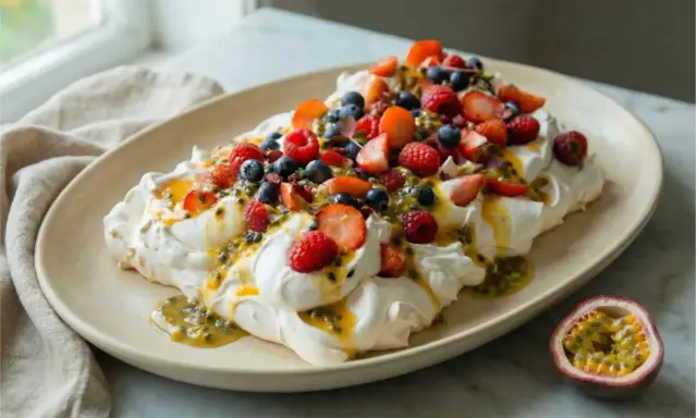 En vacker pavlova med vispgrädde, färska bär och passionsfruktssås. Ett perfekt pavlova recept för sommaren.