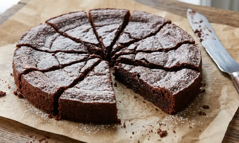 En saftig kladdkaka, pudrad med florsocker, redo att avnjutas. Ett perfekt kladdkaka recept för alla chokladälskare.