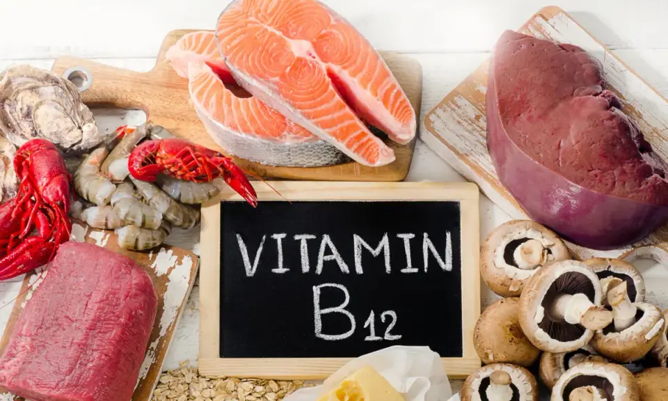 En tavla med texten "VITAMIN B12" omgiven av lax, lever, räkor, ostron, kött och champinjoner.