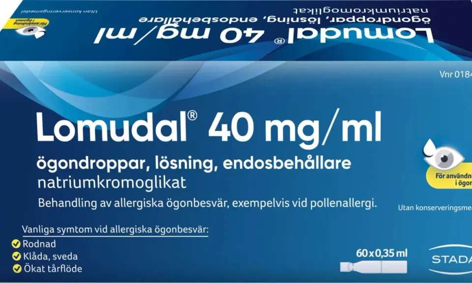 Lomudal® 40 mg/ml ögondroppar lindrar allergiska ögonbesvär, som vid pollenallergi. Denna pollenmedicin är en lösning för ögonen.