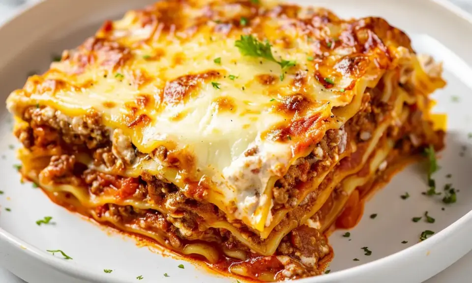 En saftig bit lasagne med köttfärssås och ost, perfekt för ett mysigt middagsrecept.