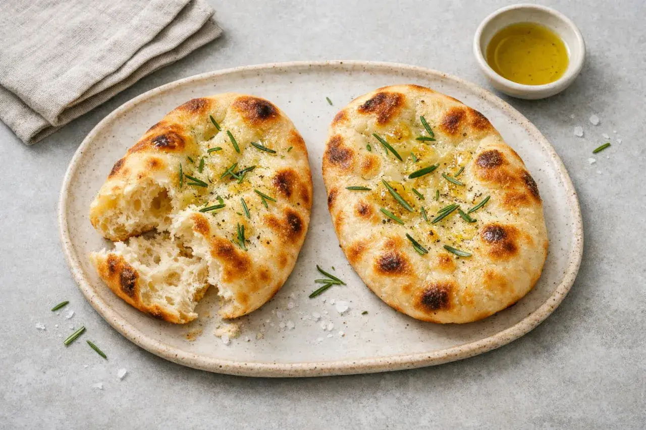 Två gyllene pinsas med rosmarin och olivolja, redo att avnjutas. Ett enkelt pinsa recept för hemmabruk.
