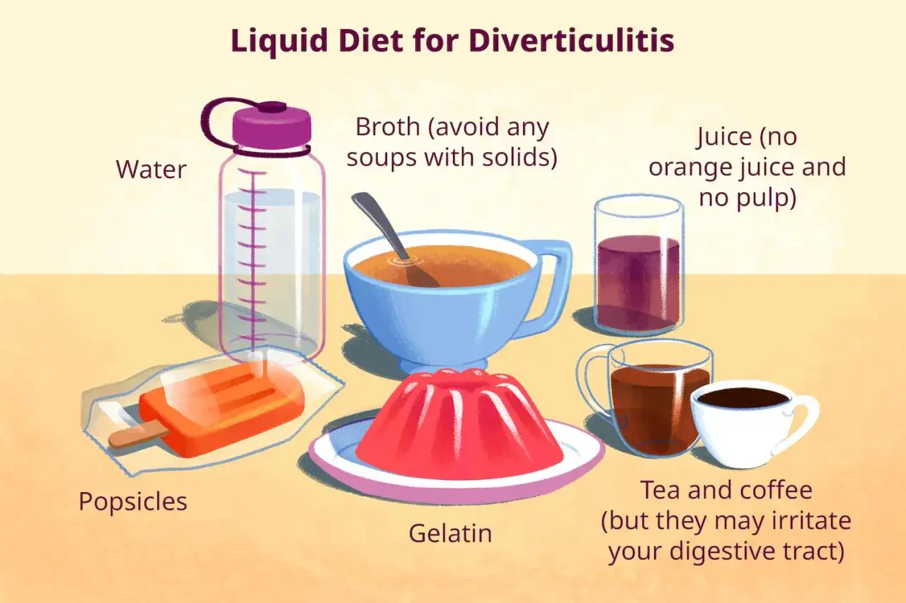 Illustration visar flytande kost vid tarmfickor: vatten, buljong, juice, isglass, gel&eacute;, te och kaffe.