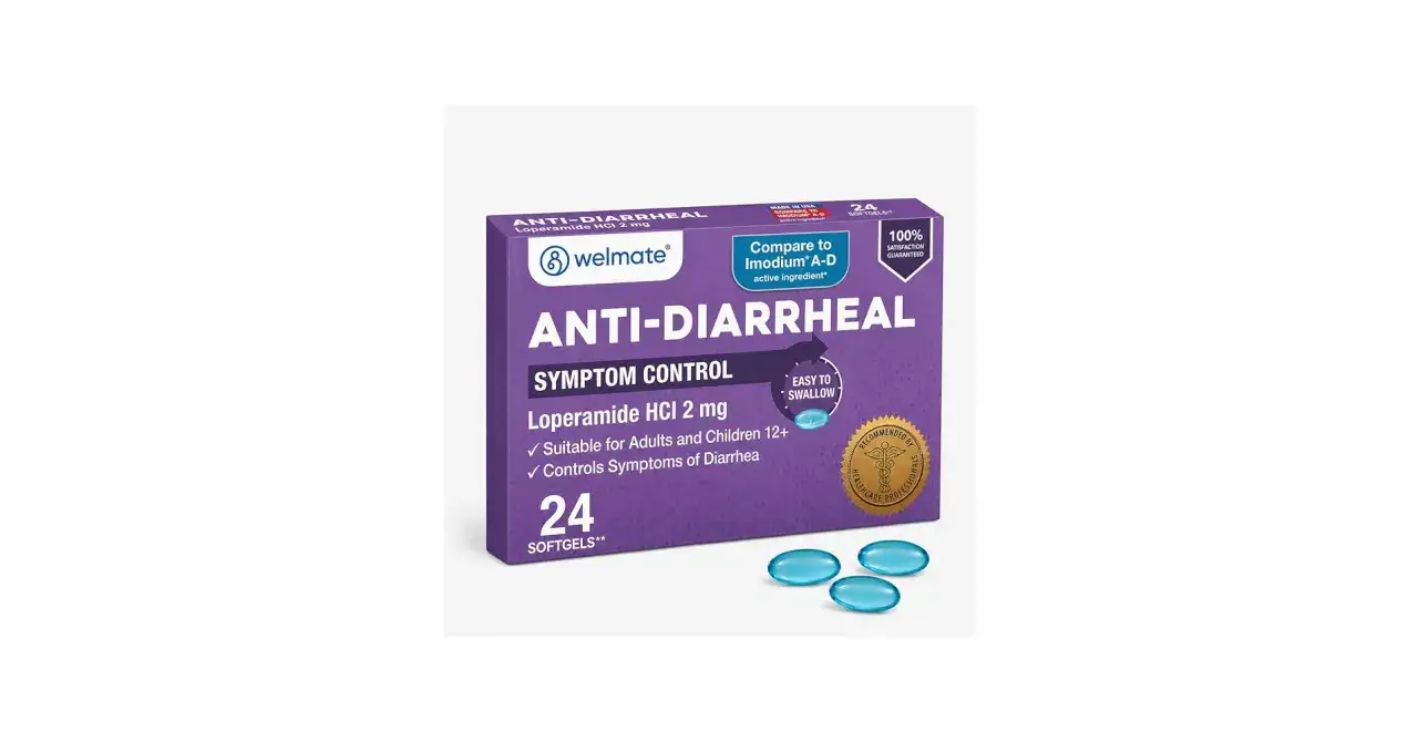 Welmate Anti-Diarrheal, ett medicin mot diarr&eacute; med loperamid HCl 2 mg. F&ouml;rpackningen inneh&aring;ller 24 softgels.