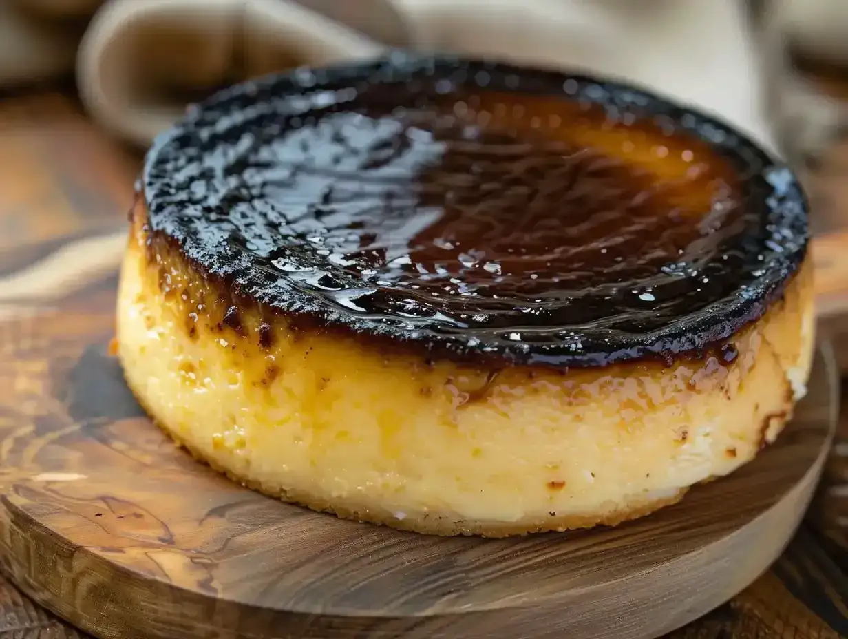 En kr&auml;mig basque cheesecake med karamelliserad yta, serverad p&aring; en tr&auml;sk&auml;rbr&auml;da.