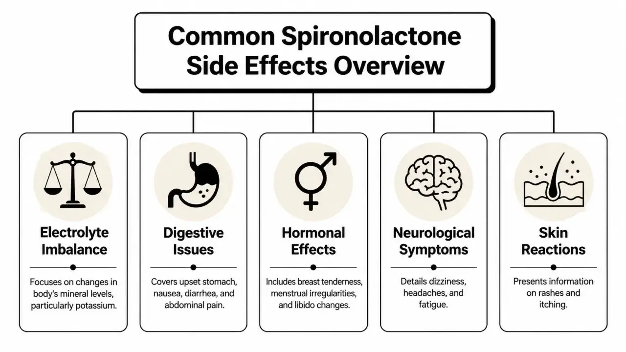 &Ouml;versikt &ouml;ver vanliga spironolakton biverkningar: elektrolytobalans, magproblem, hormonella effekter, neurologiska symtom och hudreaktioner.