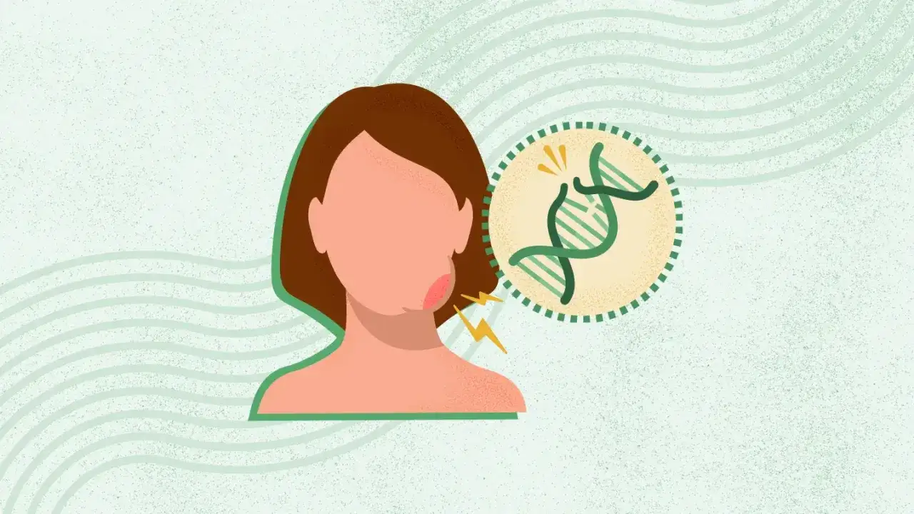 Illustration av en person med svullet ansikte, som visar en m&ouml;jlig biverkning av enalapril. DNA-symbol indikerar genetisk koppling.