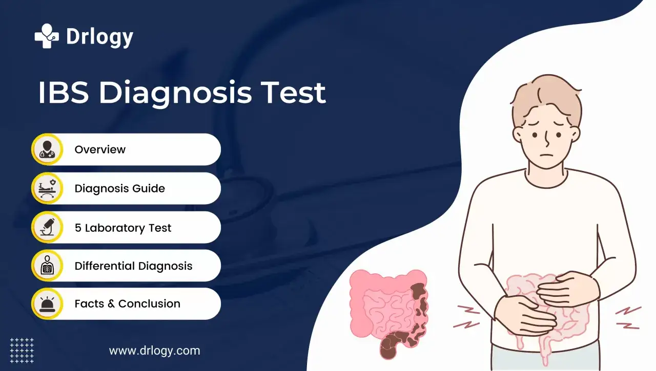 Illustration av en person med magsm&auml;rtor, med en &ouml;versikt &ouml;ver IBS-diagnostik och tester.