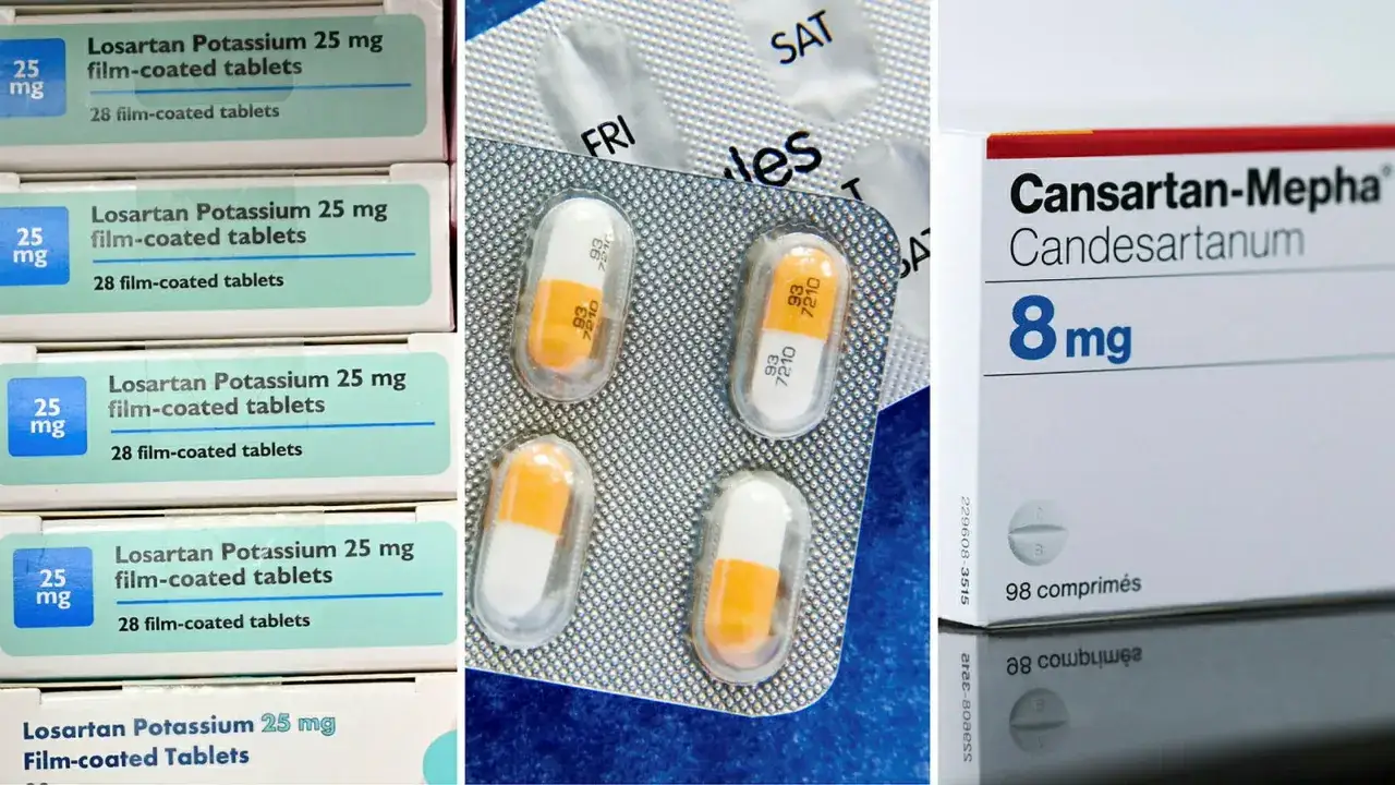 Losartan-förpackningar och kapslar i blister. Läkemedel som Cansartan-Mepha kan ha liknande losartan biverkningar.