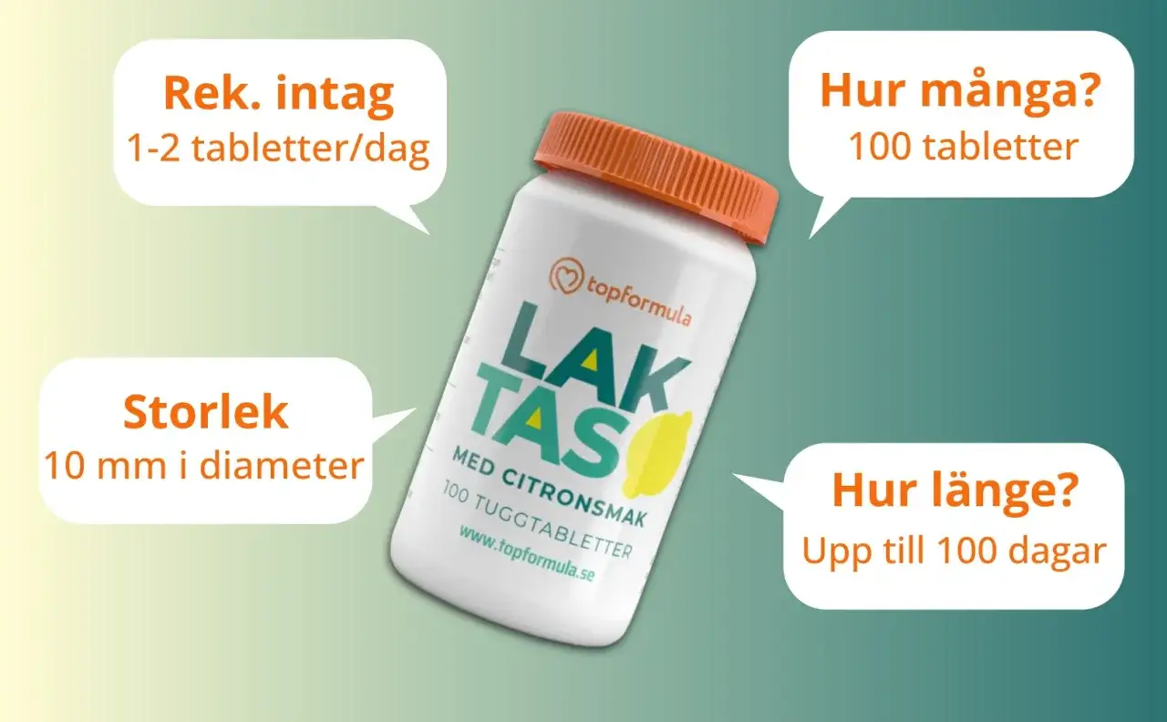 En burk med laktas tabletter, 100 tuggtabletter med citronsmak. Rekommenderat intag 1-2 tabletter/dag.
