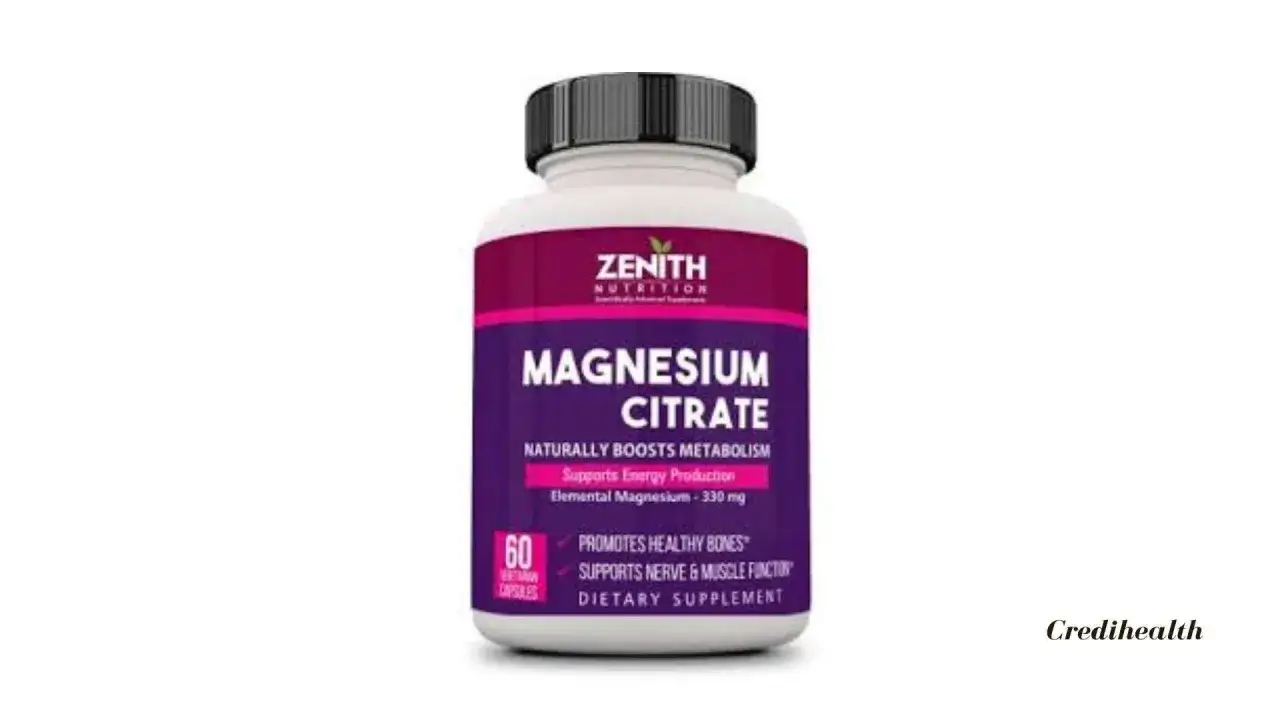 Flaska med Zenith Nutrition Magnesium Citrate. Kan ge biverkningar som magbesv&auml;r.