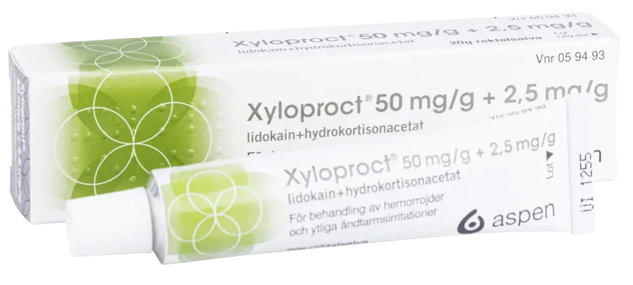 Xyloproct rektalsalva f&ouml;r att krympa hemorrojder och lindra irritation. F&ouml;rpackning och tub syns.