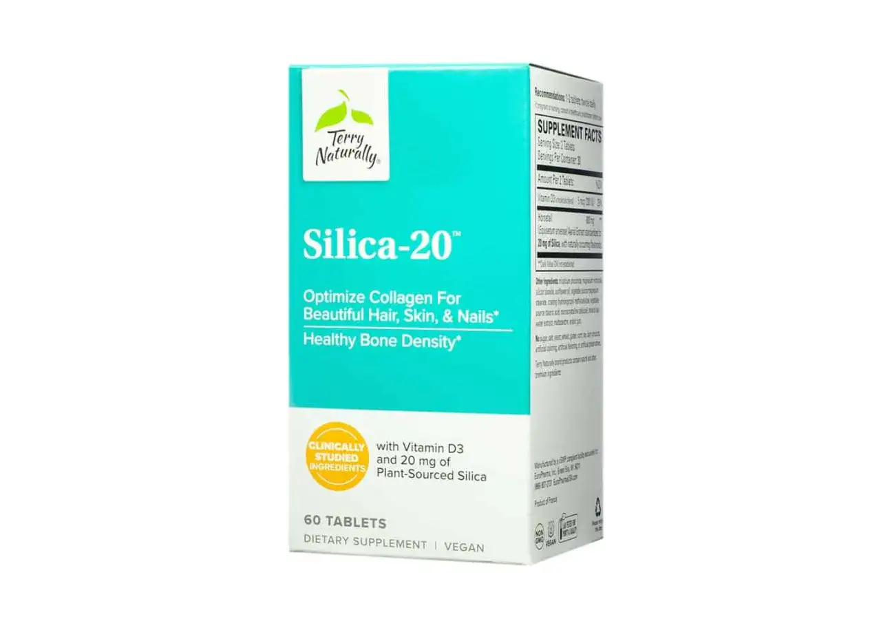 Terry Naturally Silica-20, 60 tabletter. Kan hj&auml;lpa vid brist p&aring; kisel symtom genom att optimera kollagen f&ouml;r h&aring;r, hud, naglar och benh&auml;lsa.