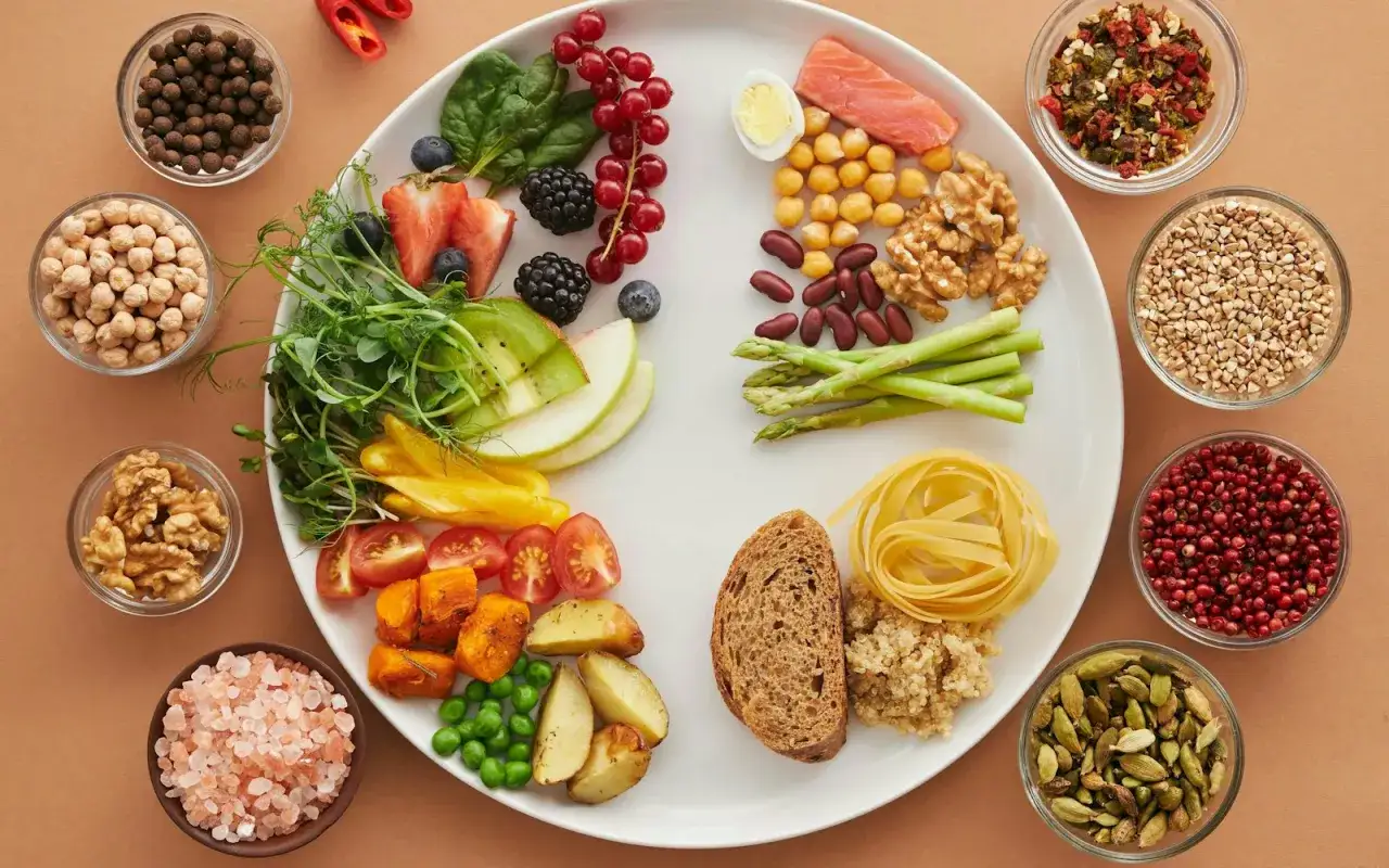 En tallrik med mat som visar ingredienser f&ouml;r antiinflammatorisk kost: lax, b&auml;r, gr&ouml;nsaker, n&ouml;tter, baljv&auml;xter och fullkorn.