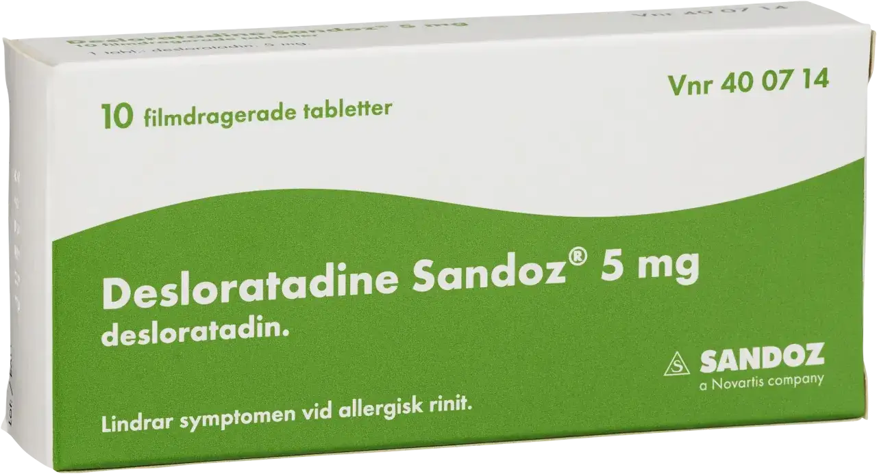 Förpackning med Desloratadine Sandoz 5 mg, 10 tabletter. Effektiv pollenmedicin som lindrar symtom vid allergisk rinit.