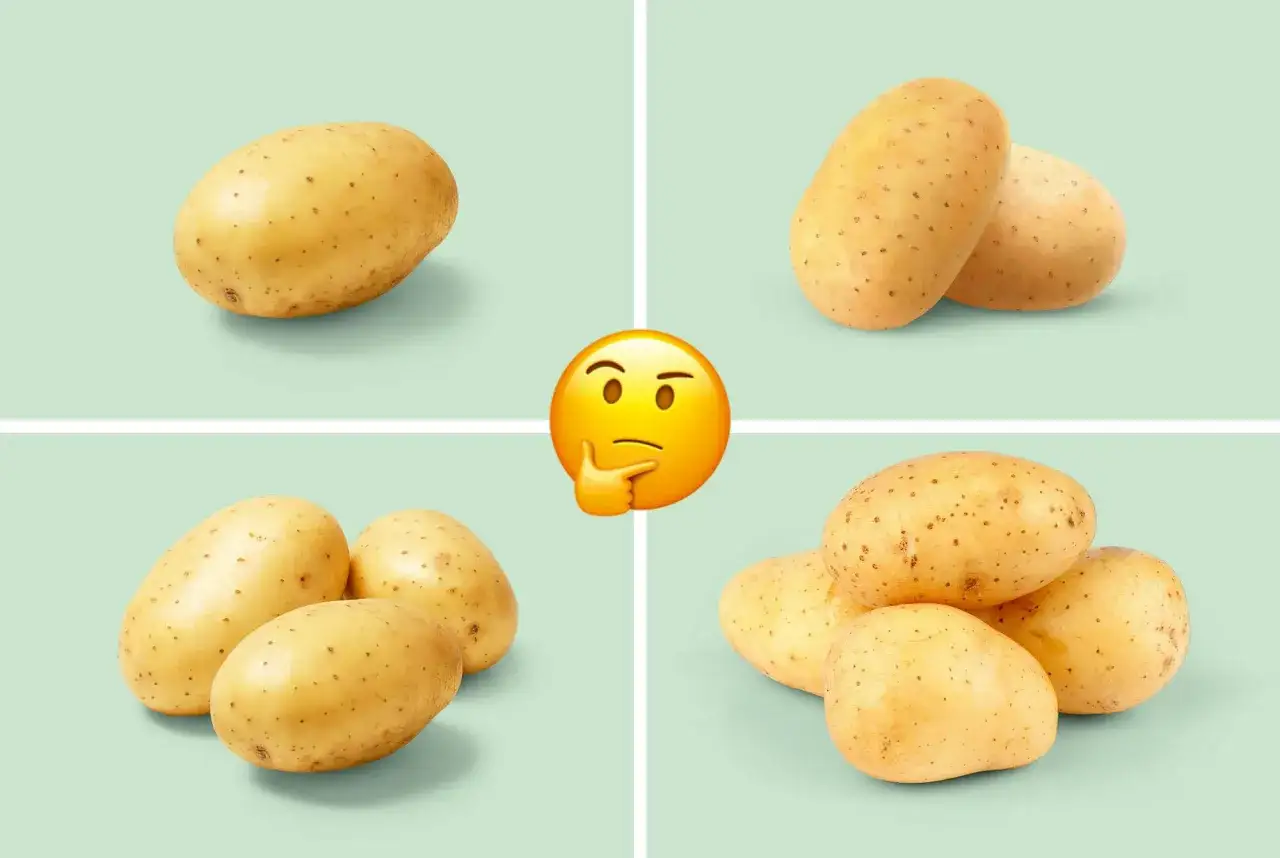 Fyra grupper av potatisar, en ensam, tv&aring;, tre och fyra, med en fundersam emoji i mitten. Potatis nyttigt!