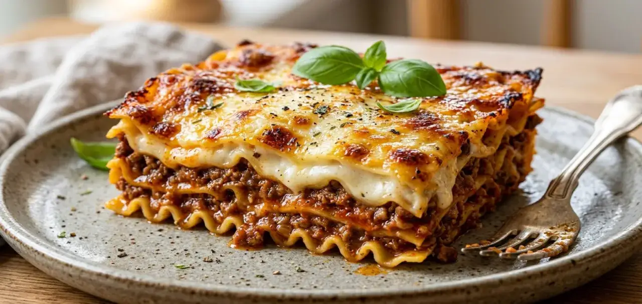 En saftig bit lasagne med köttfärs och ost, perfekt för ett mysigt middagsrecept.