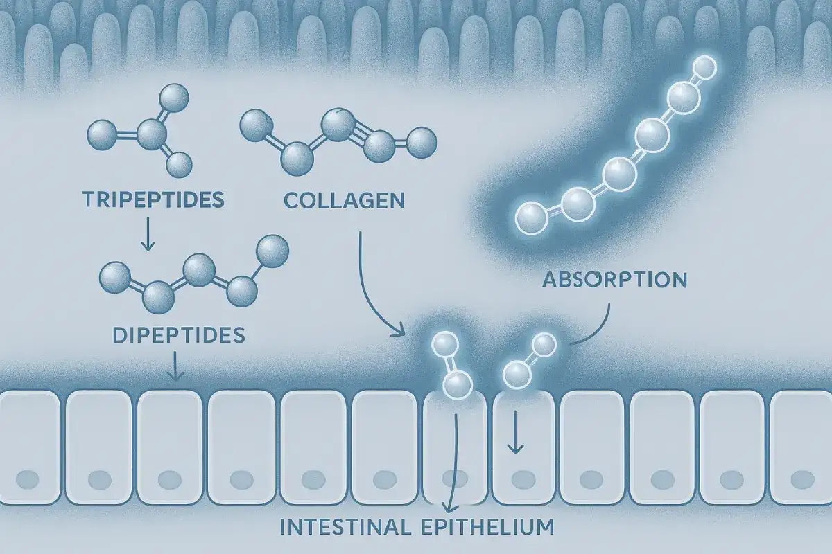 Illustration visar hur kroppen tar upp kollagen. Kollagen bryts ner till tripeptider och dipeptider som absorberas genom tarmepitelceller.