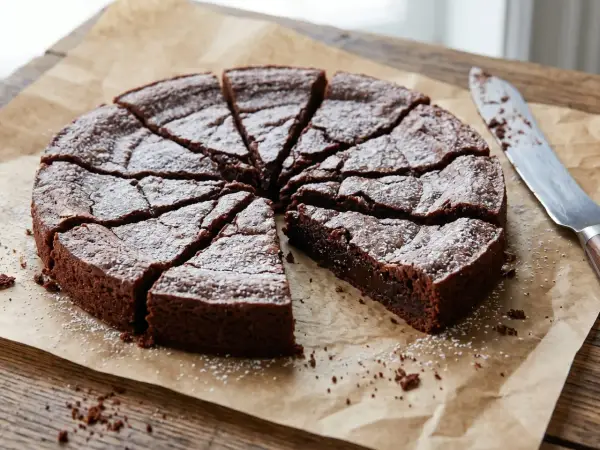 En saftig kladdkaka, pudrad med florsocker, redo att avnjutas. Ett perfekt kladdkaka recept för alla chokladälskare.