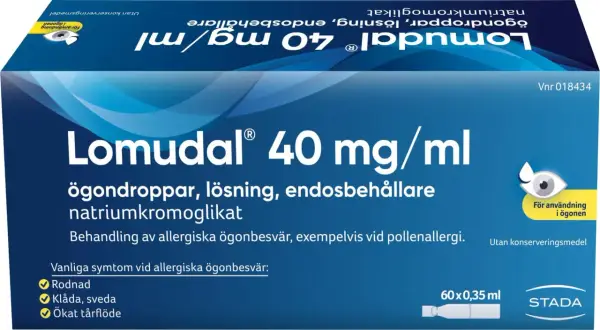 Lomudal® 40 mg/ml ögondroppar lindrar allergiska ögonbesvär, som vid pollenallergi. Denna pollenmedicin är en lösning för ögonen.