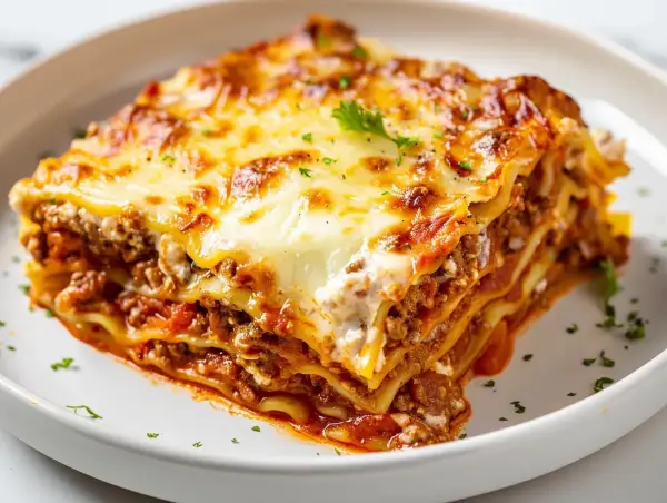 En saftig bit lasagne med köttfärssås och ost, perfekt för ett mysigt middagsrecept.