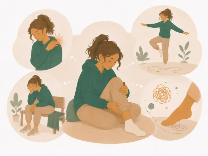 Illustration visar en kvinna med olika besvär, som axelvärk, yrsel och trötthet. Hon försöker balansera, en möjlig hantering av ibs symtom yrsel.