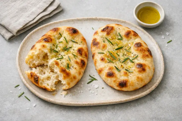 Två gyllene pinsas med rosmarin och olivolja, redo att avnjutas. Ett enkelt pinsa recept för hemmabruk.