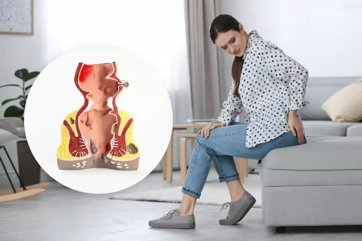 Kvinna med obehag som visar en modell av ändtarmen med hemorrojder och blod.